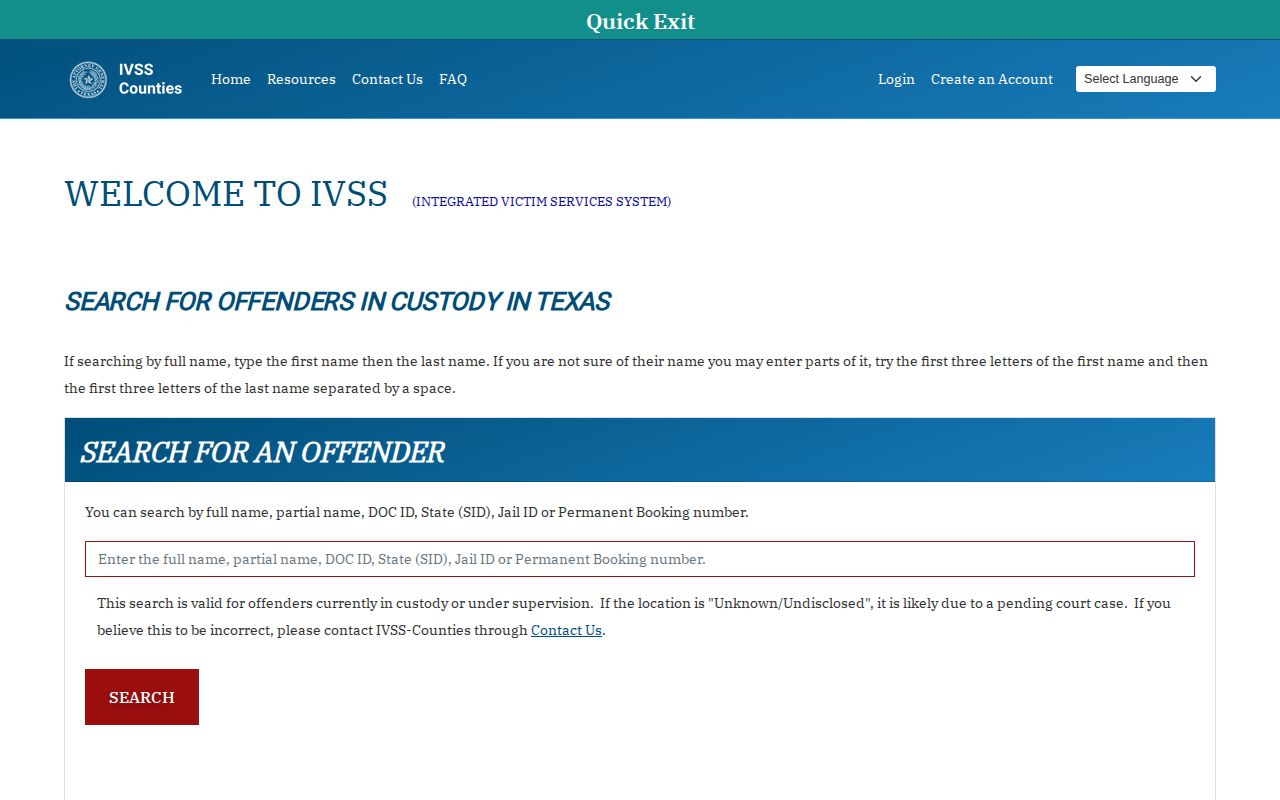 Childress County released inmate IVSS status search